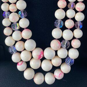 Vintage Dalsheim Triple-Strand Necklace With White Beads & Pink Accents J0212